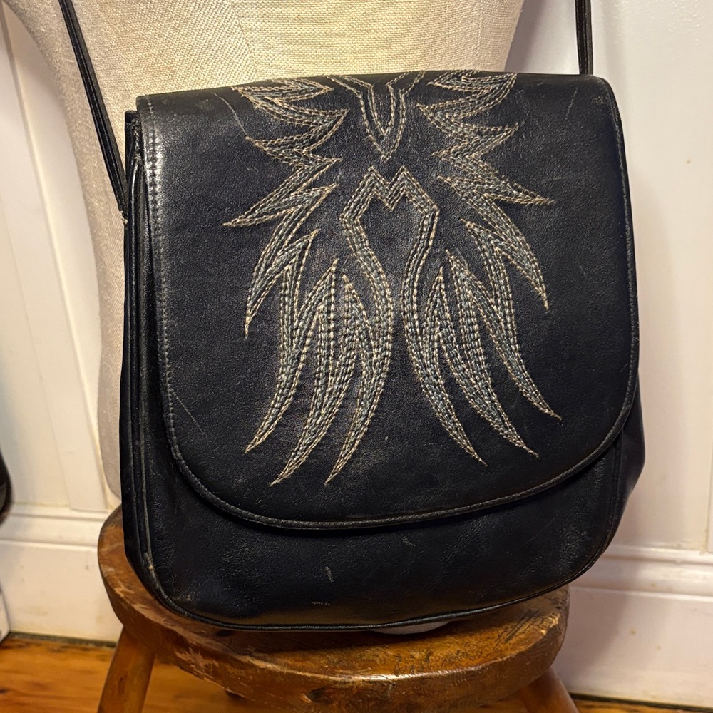 Vintage Andrew Geller Black Leather Crossbody Bag with Embroidery